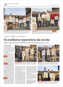 3. Noticia con entrega de premios Periodismo en La Escuela publicado en La Voz de Galicia - Patrocinador: Norvento